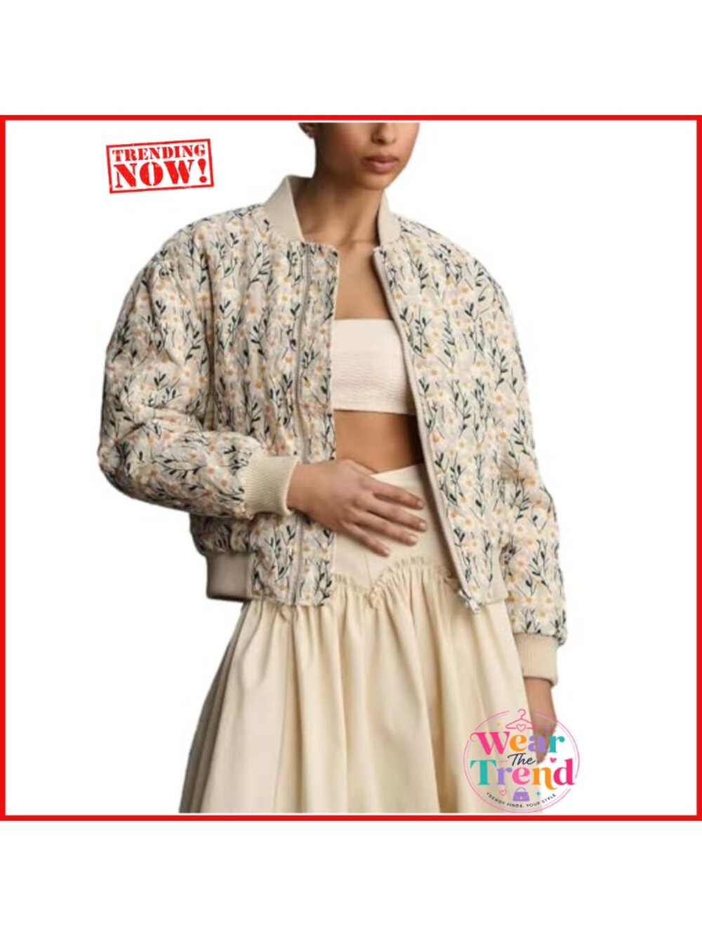 Cropped Embroidered Daisy Bomber Jacket Quilted Puffer Long Sleeve